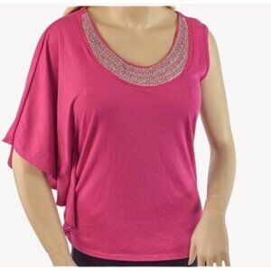 Pink Bead Embellished Flutter Sleeve Top